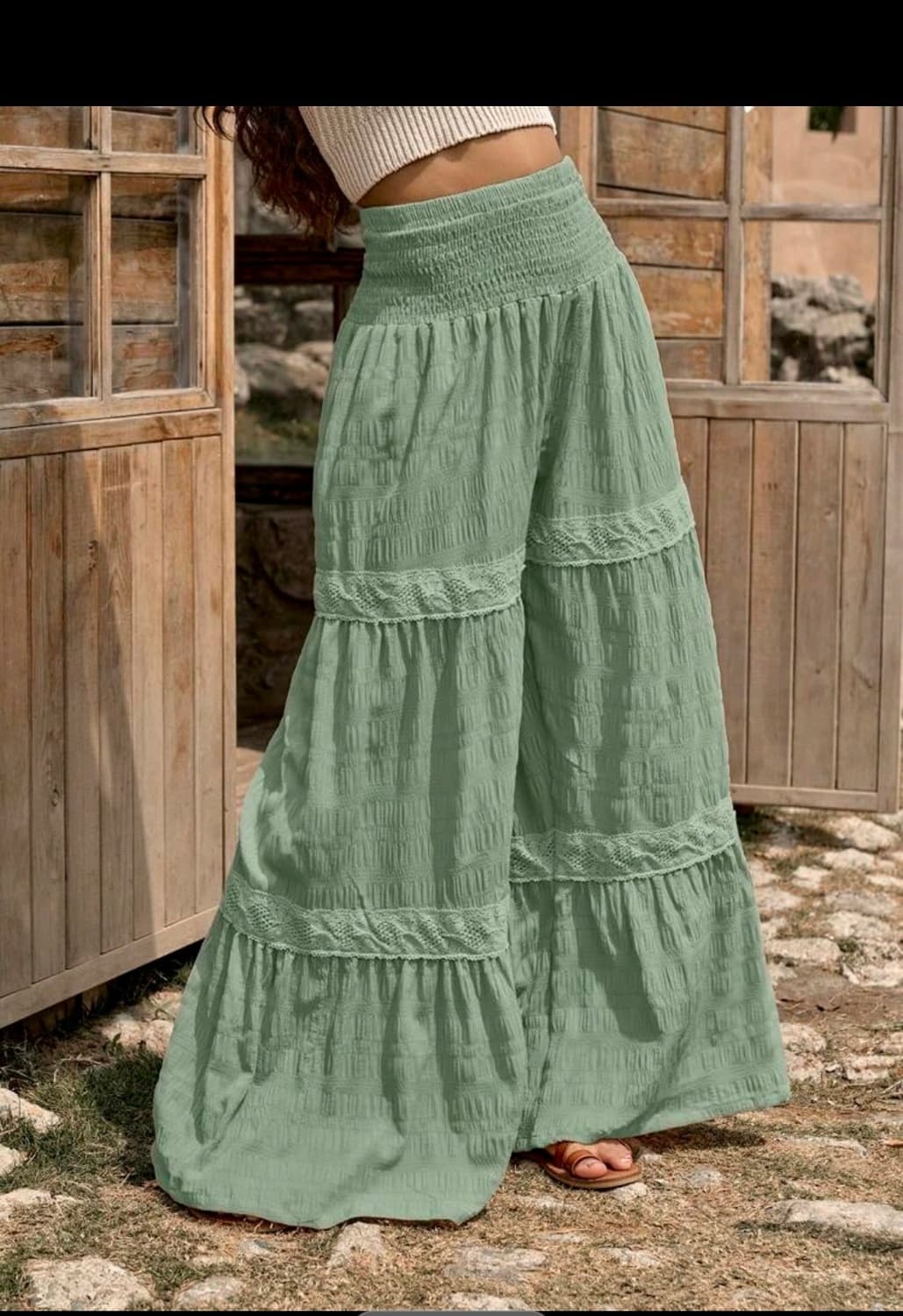 boho 보헤미안 히피 스타일 카키 롱 와이드 팬츠 캉캉 바지 빈티지 상품이미지4