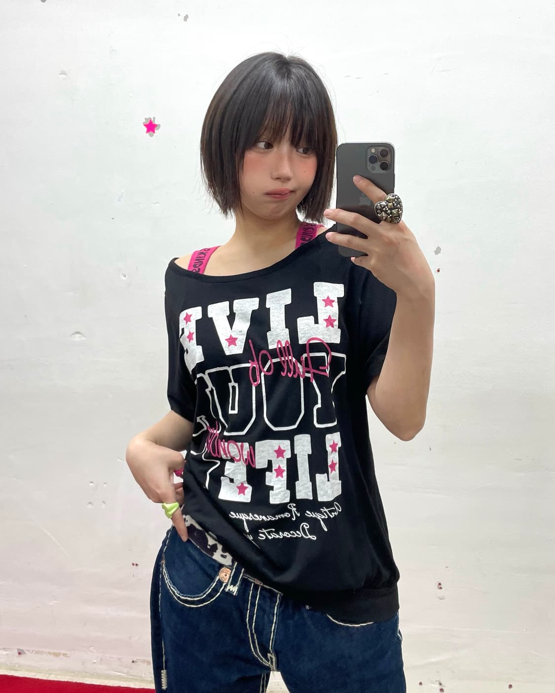 Pink star shoulder kitsch T-shirt 상품이미지1