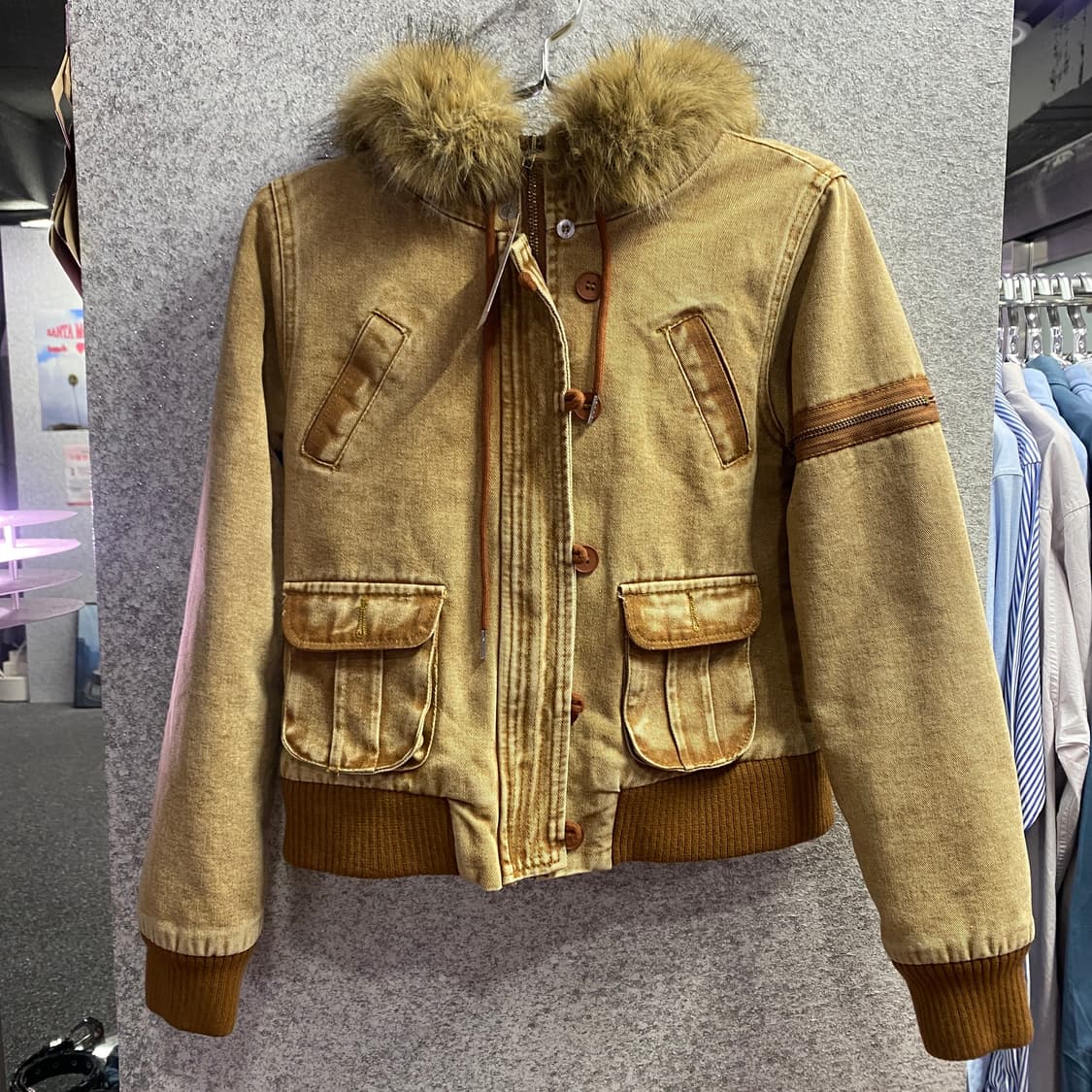 빈티지 y2k 브라운 버튼 퍼 크롭 후드자켓 B3761 상품이미지2