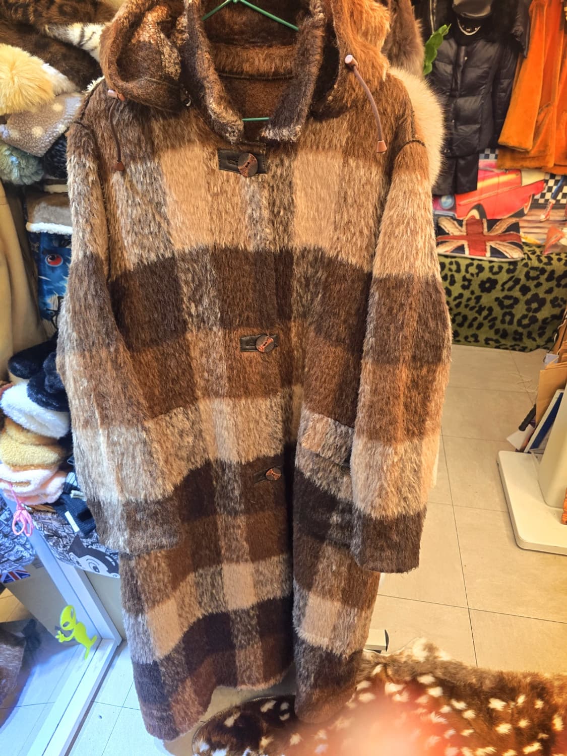 빈티지 체크 모 후드 롱코트 상품이미지6