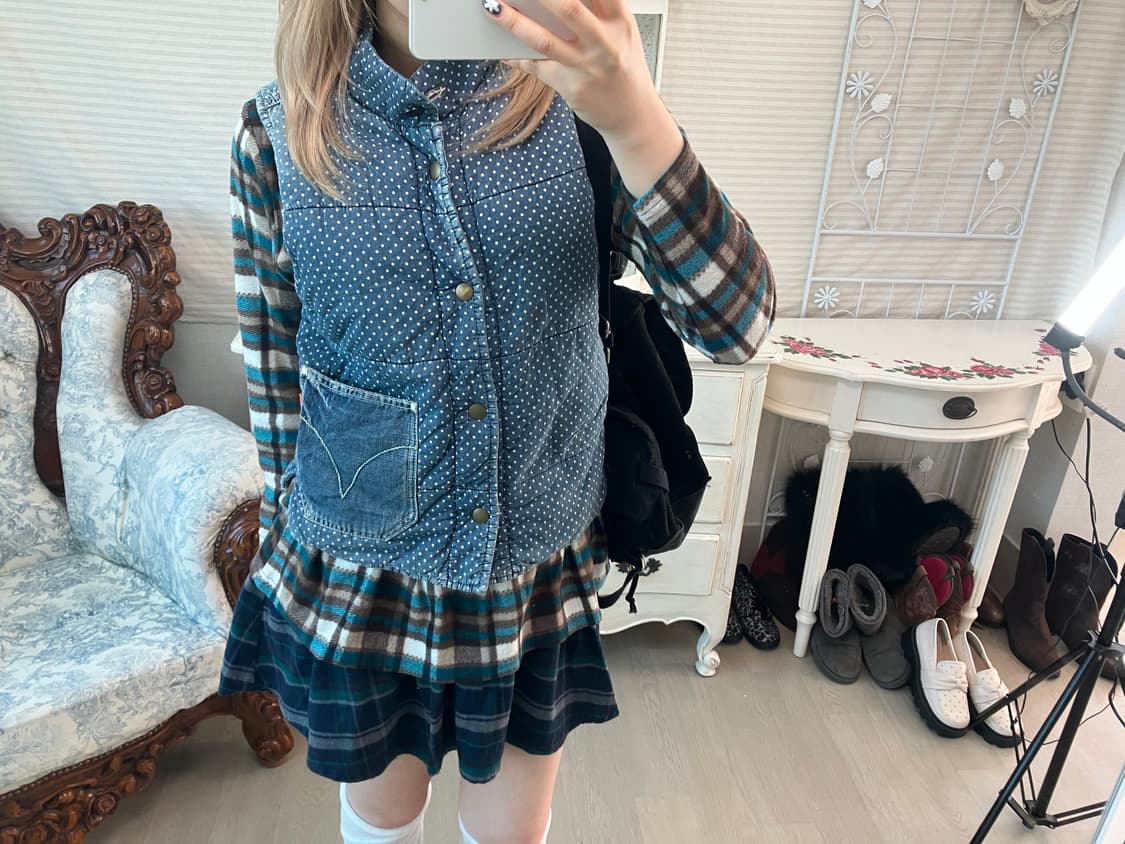 일본빈티지 리버시블 데님 도트 누빔 베스트 상품이미지4