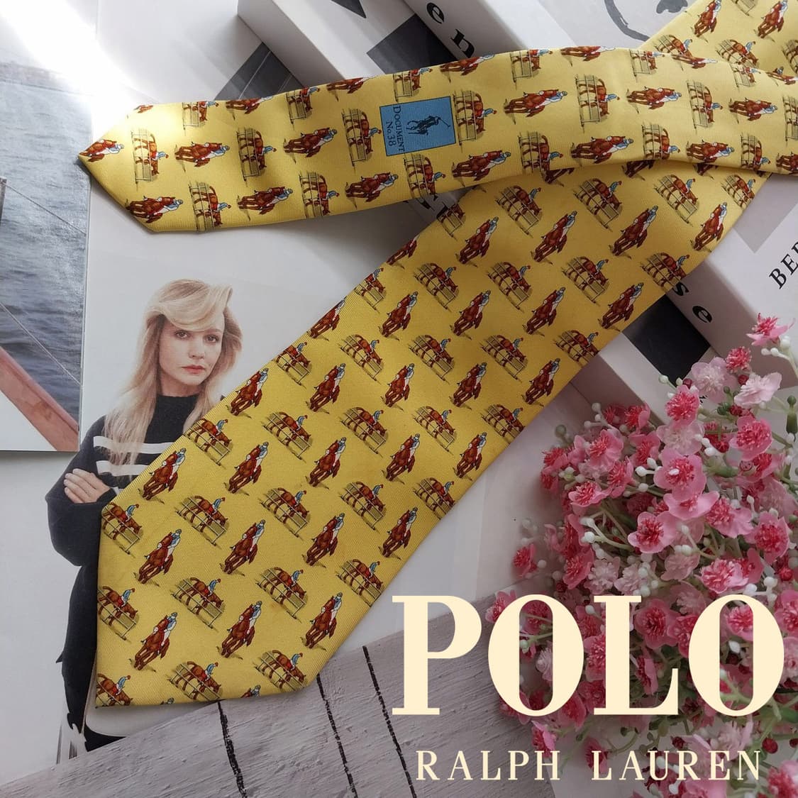 폴로 랄프로렌 옐로우 승마 패턴 넥타이 9.1cm A+~A등급 K2594 상품이미지2