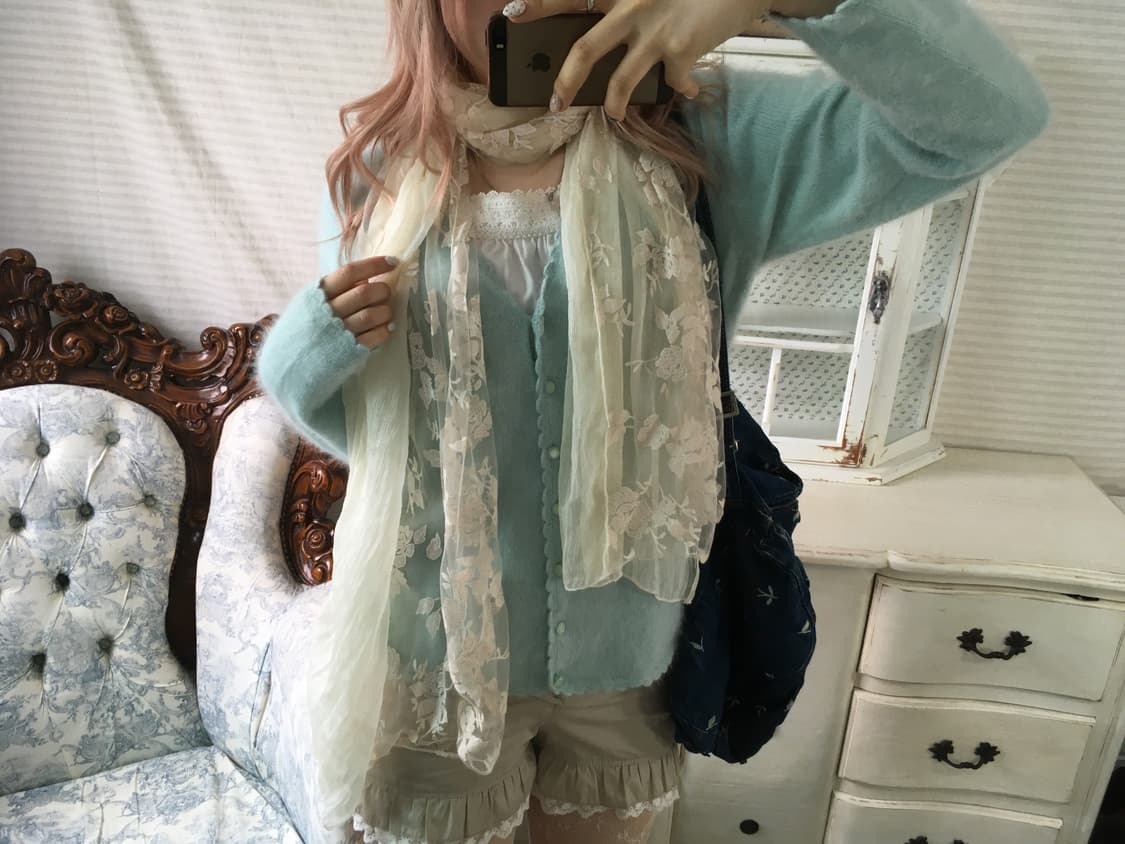 Set)민트 울 가디건 + 로즈 머플러 + 레이스 슬리브리스 상품이미지1