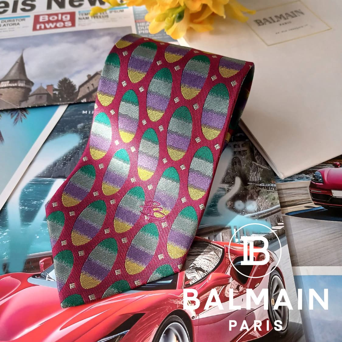 발망 실크 와인 컬러 기하 패턴 넥타이 9.6cm A등급 A19286
 상품이미지2