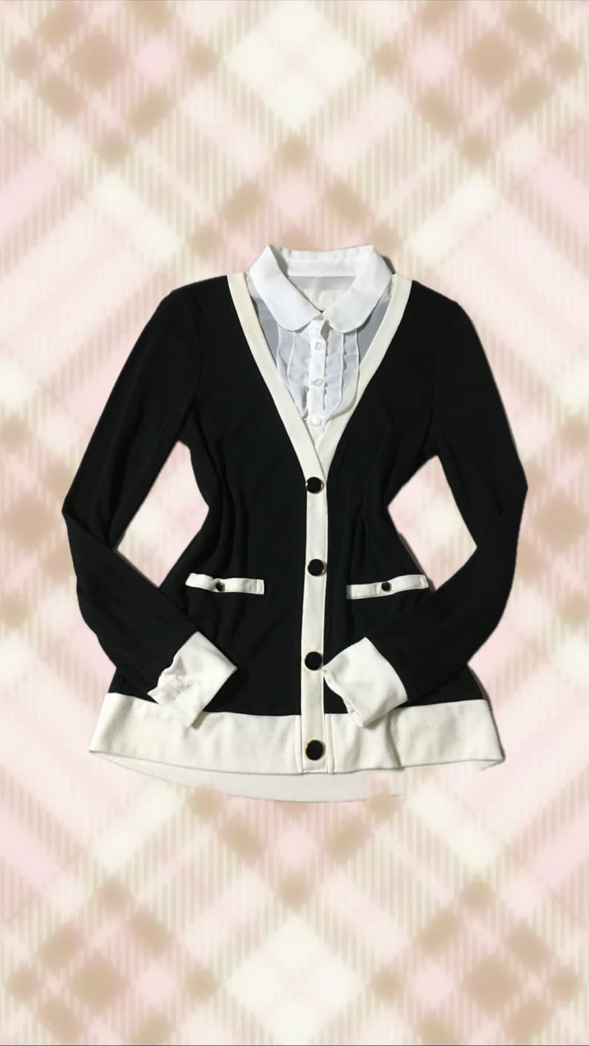 블랙 레이어드 셔츠 니트 블라우스 라떼 히메 러블리 로걀 오네 갸루 상품이미지1