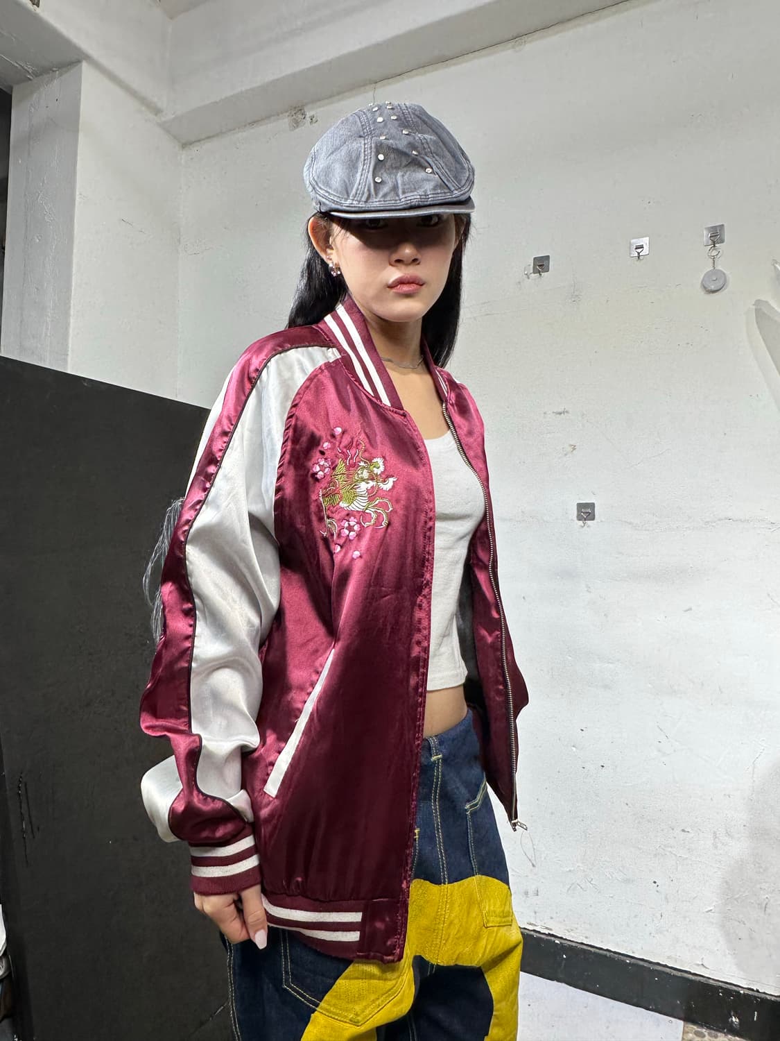 Jpn 일본빈티지 오리엔탈 버건디 용 스카잔 자켓 상품이미지4