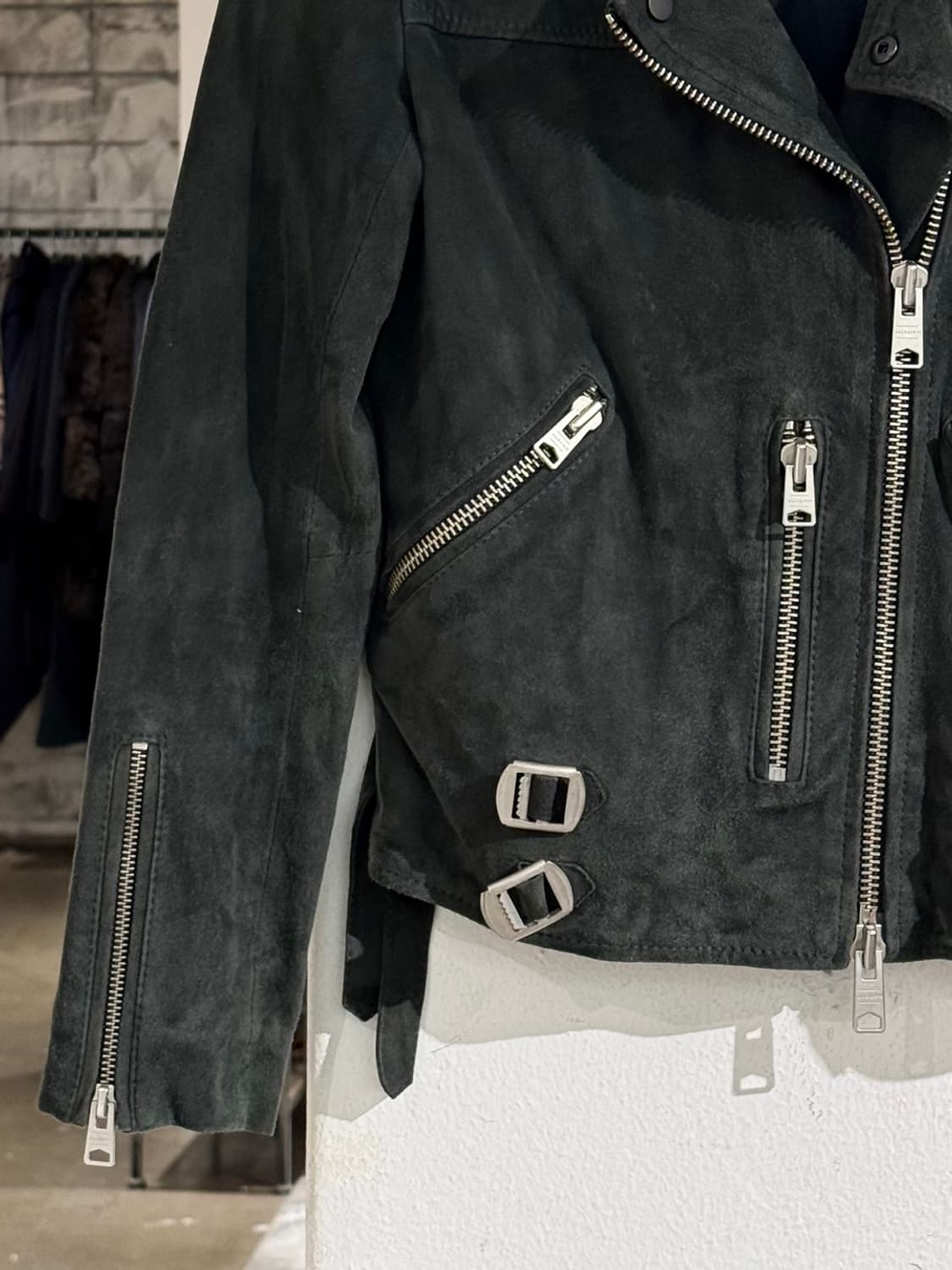 올세인츠 딥 카키 에드워즈 바이커 고트 스킨 스웨이드 자켓 상품이미지5