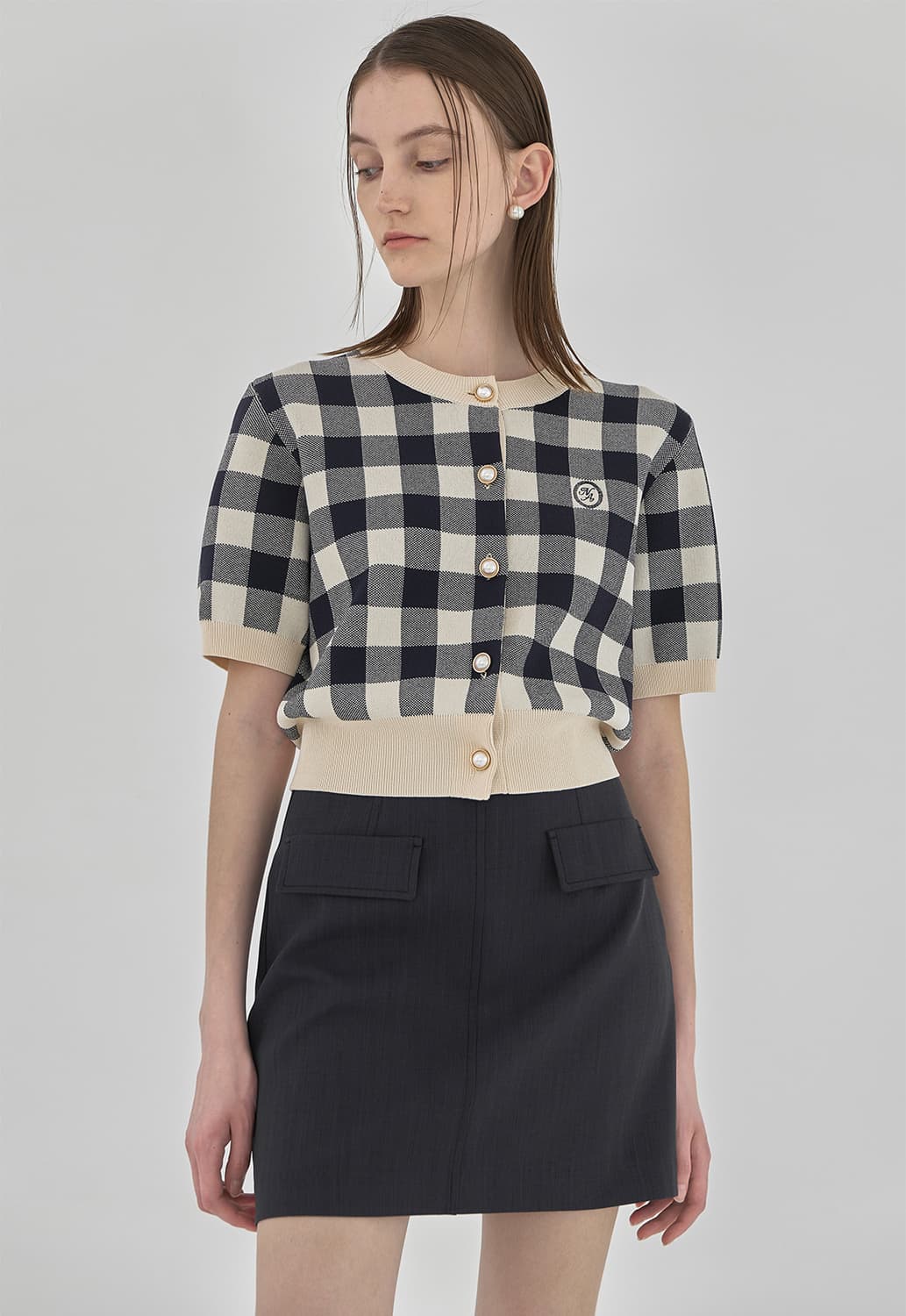 나인 아뜰리에나인 도로시 썸머 깅엄 체크 반팔 크롭 가디건 니트 F 상품이미지3