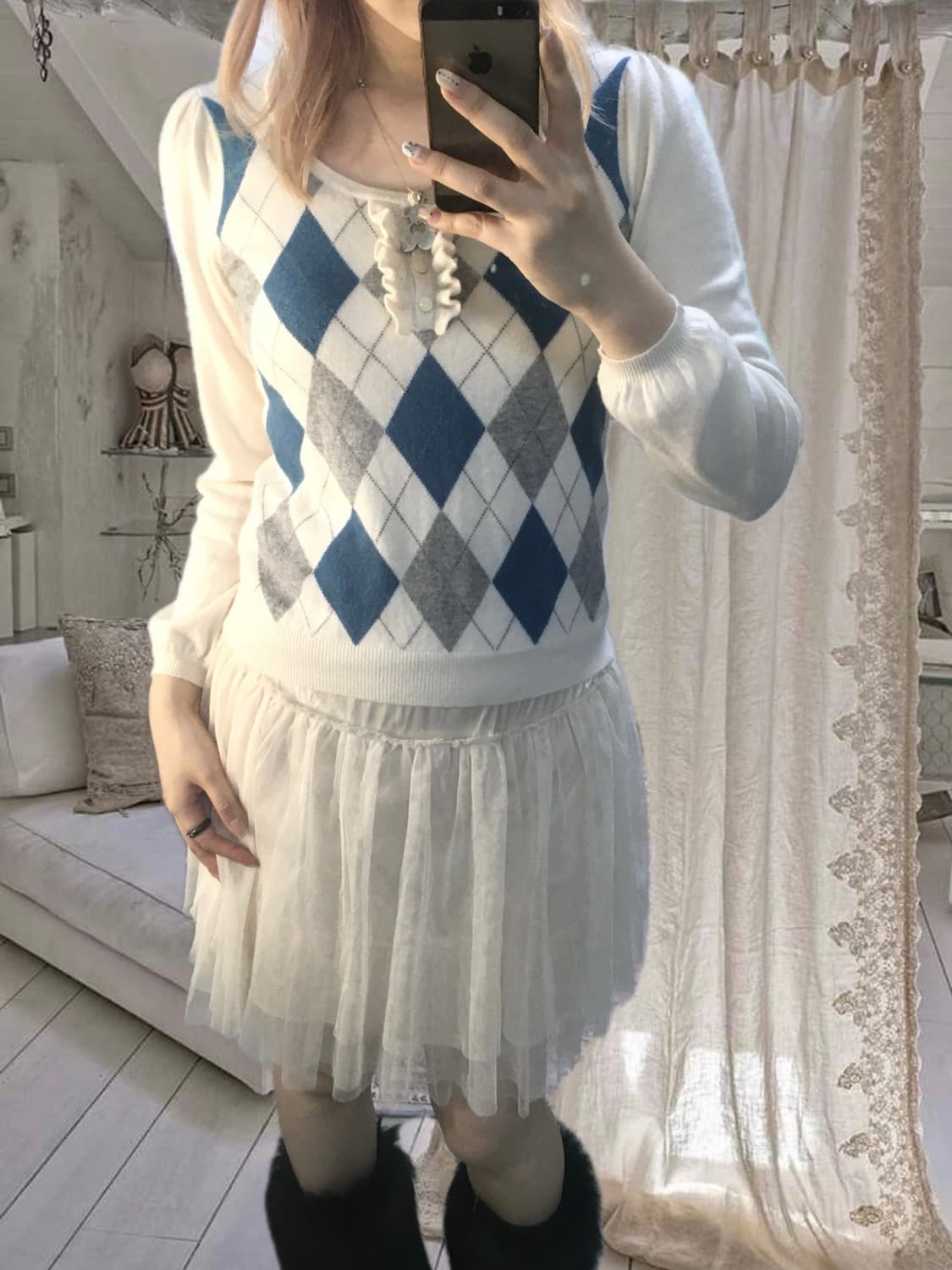 jpn vintage argyle white blue antique kn 상품이미지3