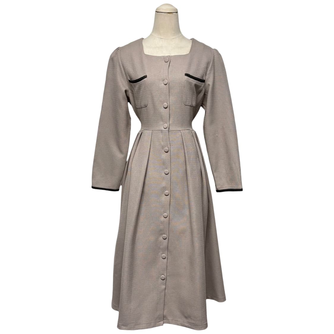 3843 베이지 스퀘어넥 하객룩 긴팔원피스 상품이미지1