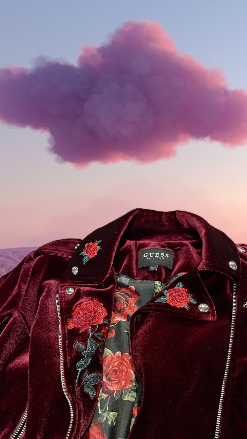 게스 벨벳 버건디 로즈 자수 바이커 자켓 상품이미지2