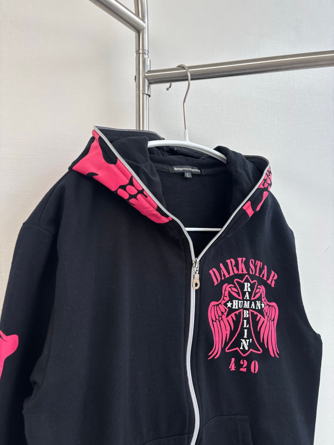 dangerous warning 핫핑크 갸루 펑크 스켈레톤 후드집업 상품이미지3