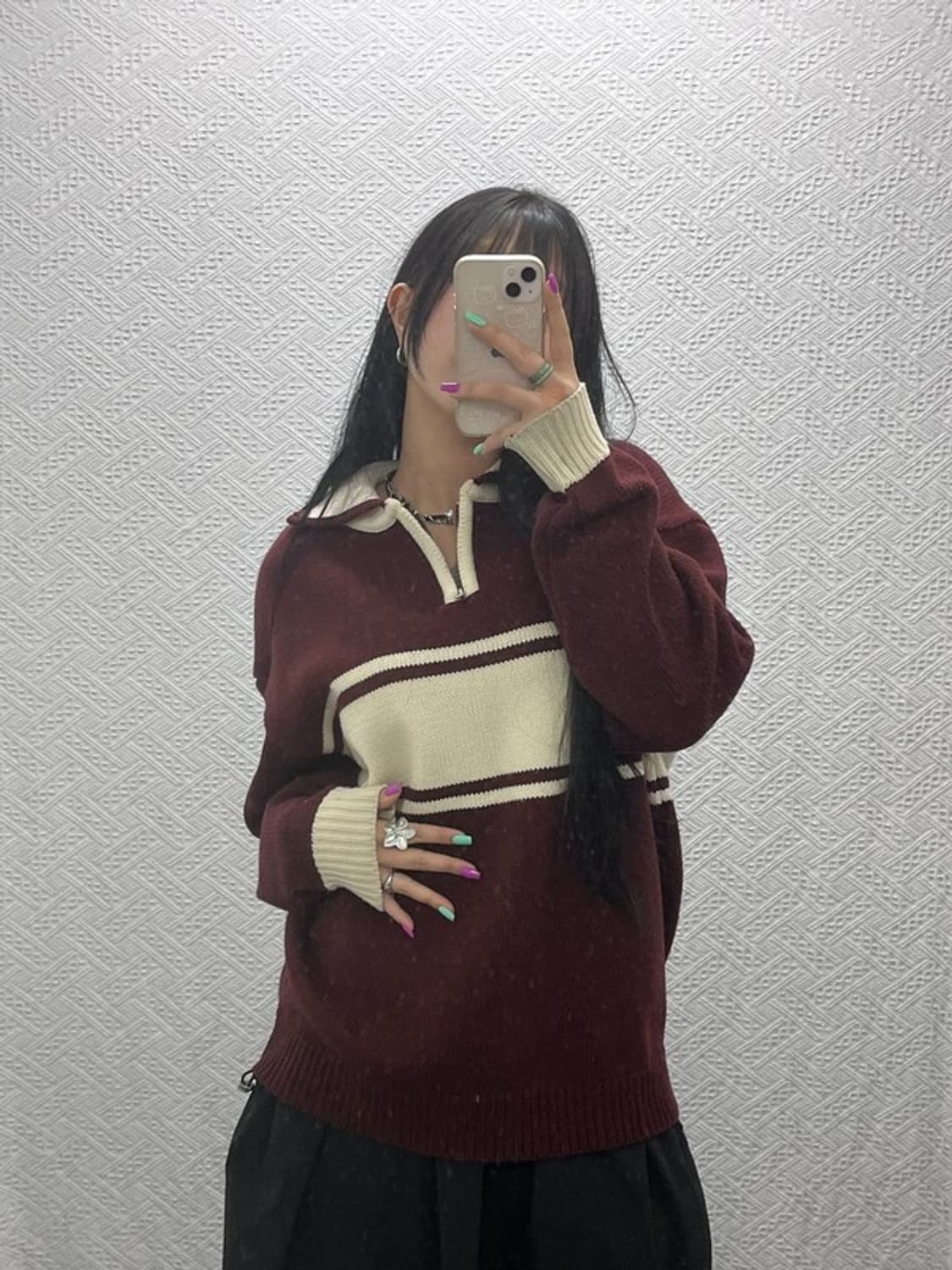 수아레 빈티지 레트로 배색 반집업 울 혼방 니트 M C07279 상품이미지1