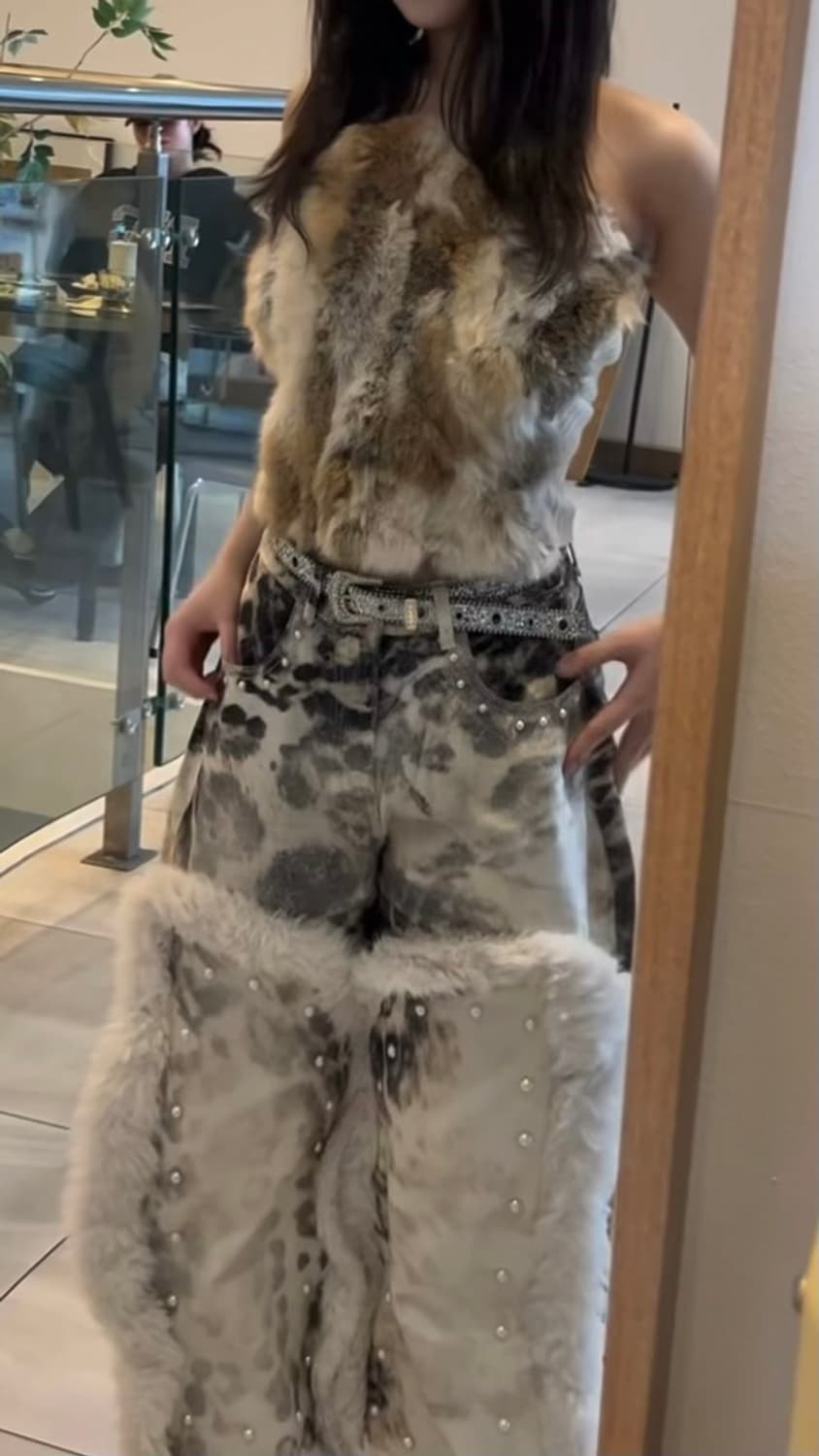 퍼 크롭 탑 + 퍼 청바지 세트 상품이미지1