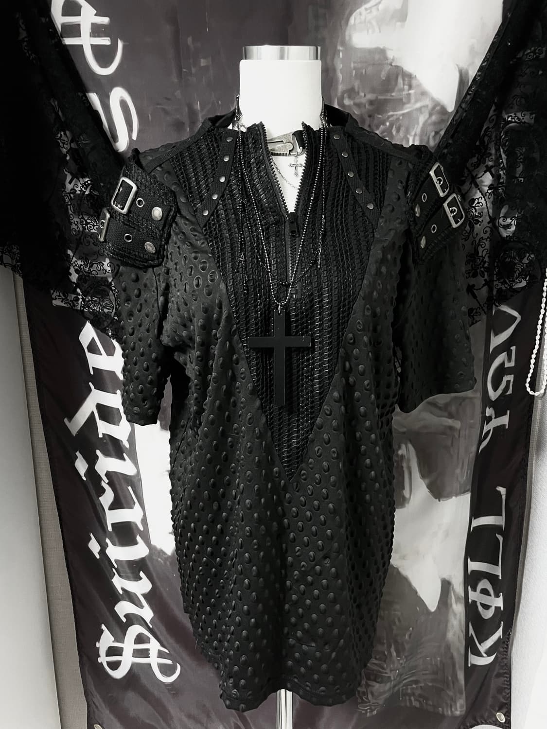 Vkei Emo *Punk Rave* 벨티드 견장 반팔 티셔츠 매드펑크 상품이미지1