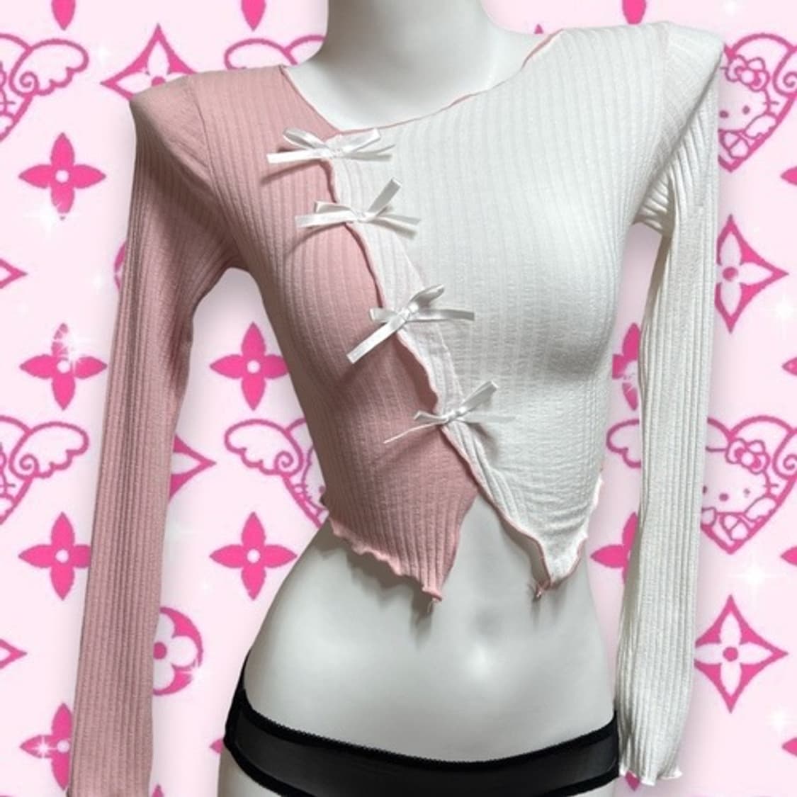 Half pink & white ribbon crop top 상품이미지3