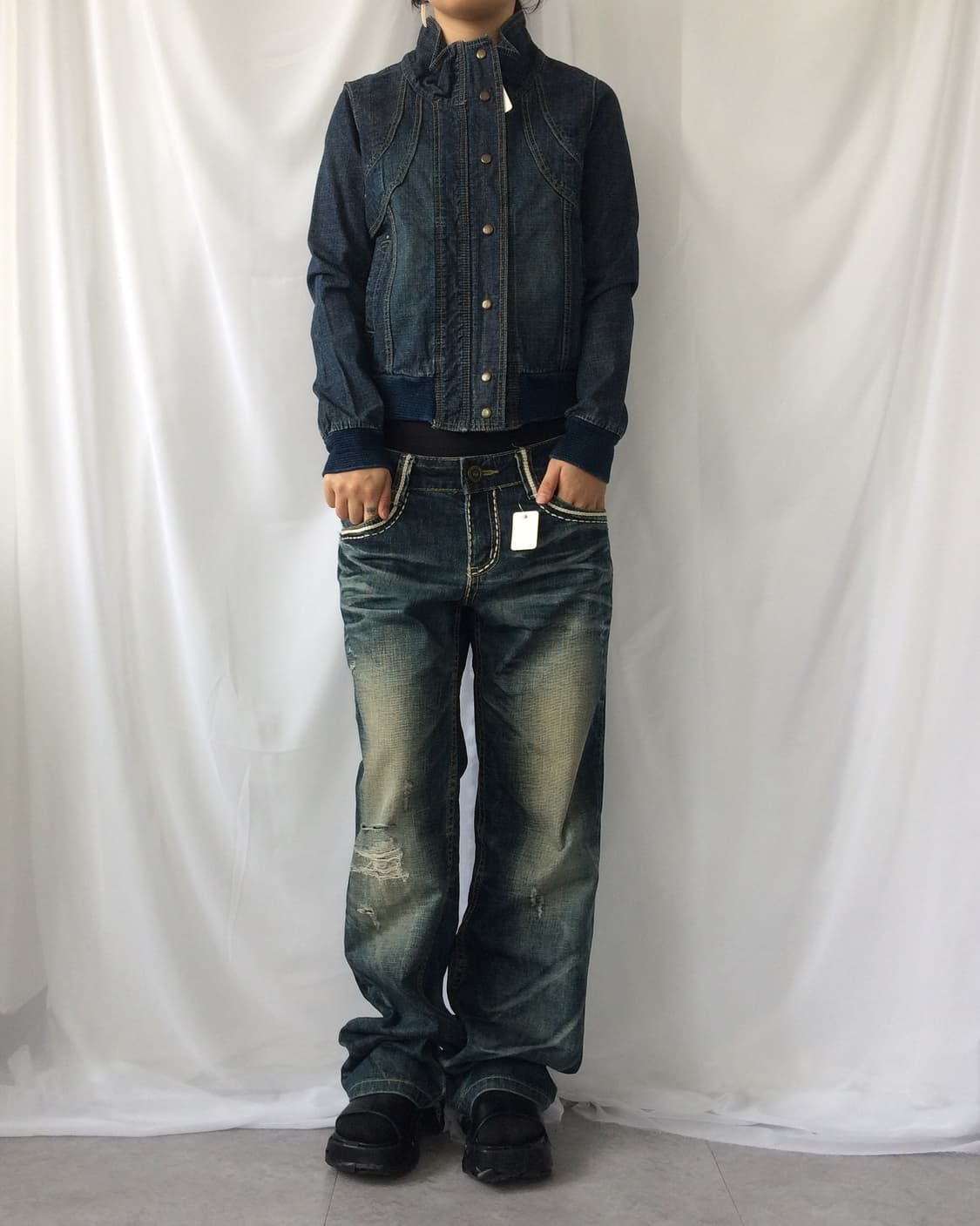 Line detail high neck denim bomber jacke 상품이미지1