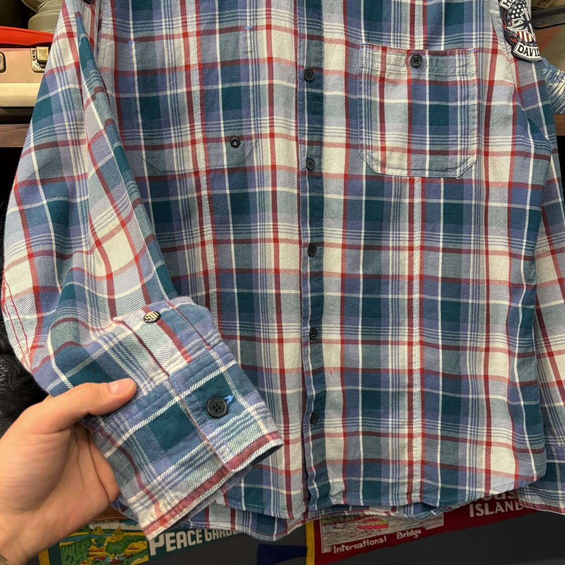 00s 할리데이비슨 아메리칸 슬리브패치 트윌코튼 체크 바이커셔츠 N197 상품이미지4