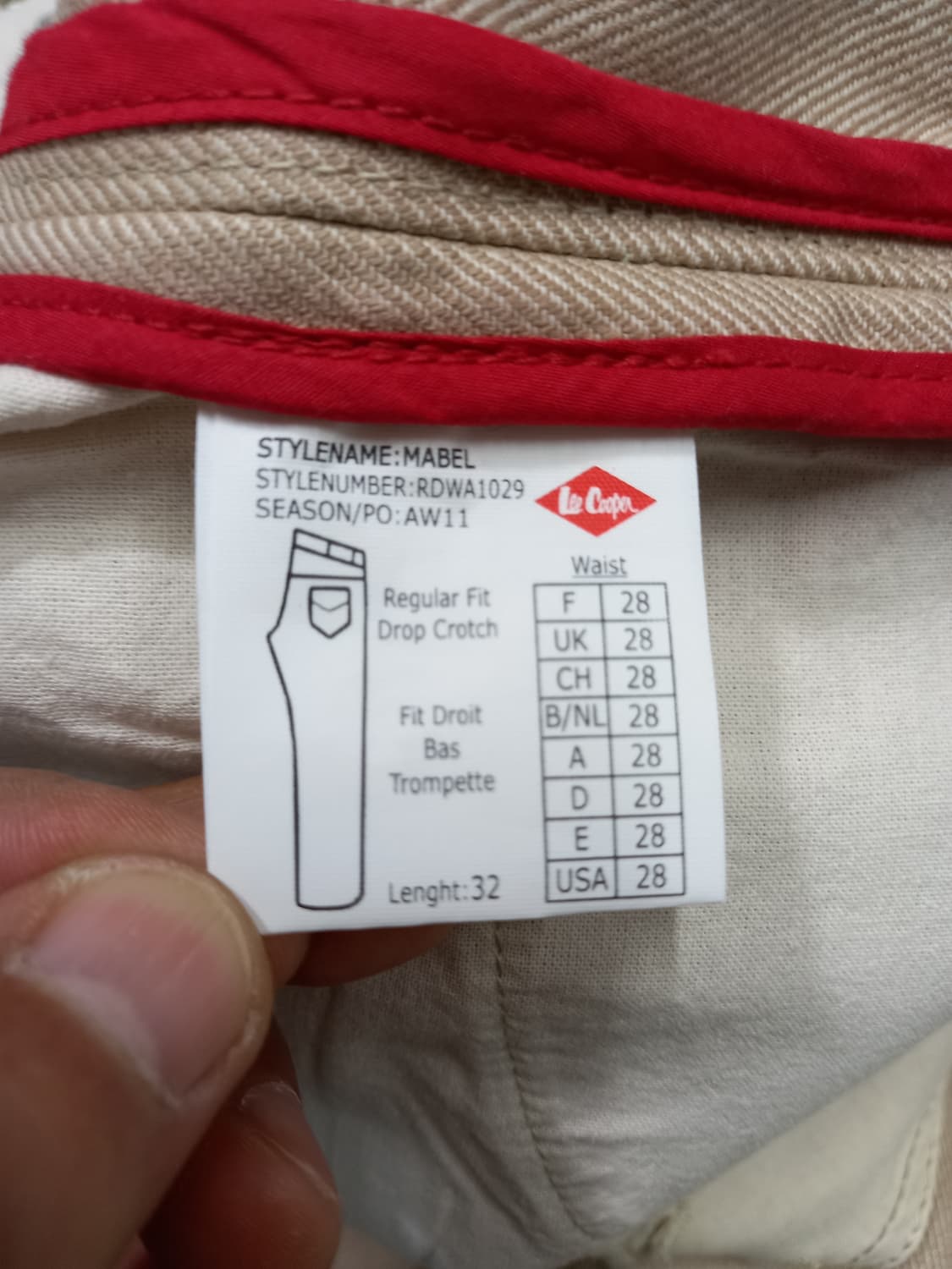 29 새상품 Lee Cooper 하이웨이스트 슬림일자진 베이지29-533 상품이미지9