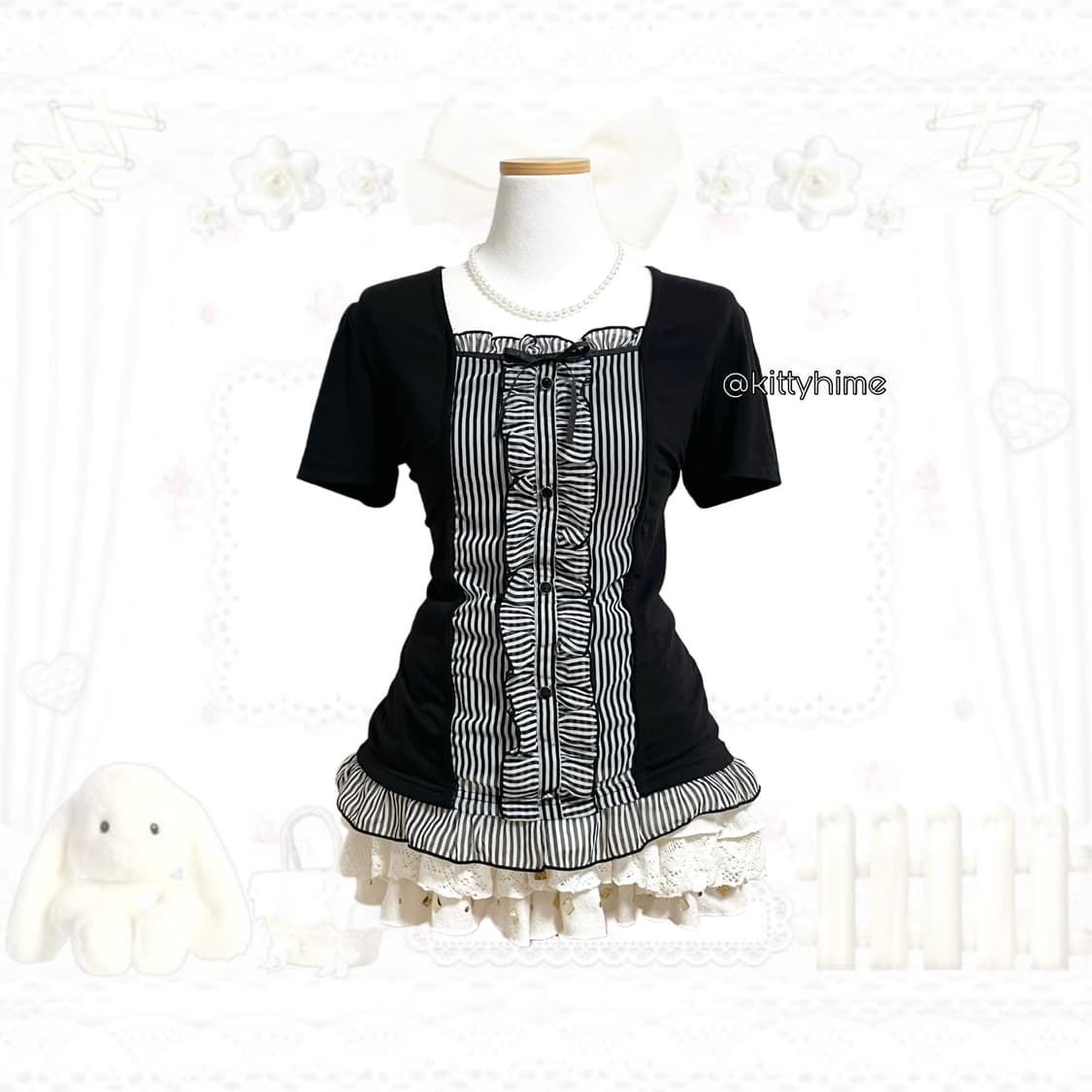 공겜여주깔 일본빈티지 체크리본 로걀탑 딱붙탑 러블리 갸루 고스로리 고딕 상품이미지1