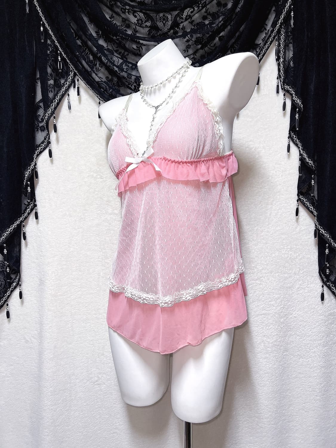 히메갸루 로맨틱 로걀 핑크 도트 레이스 프릴 슬리브리스 나시 슬립 핀터 상품이미지4