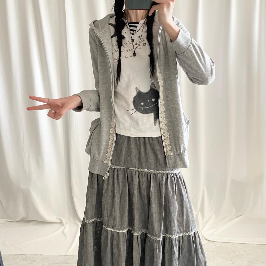 grey neko mori hoody skirt set 상품이미지2