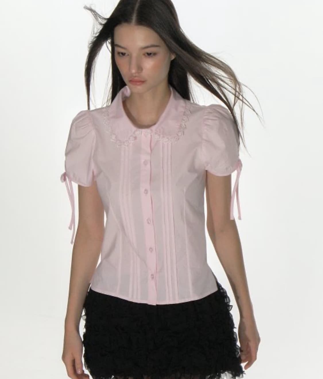 크랭크 핀턱 레이스 카라 블라우스 핑크 상품이미지1