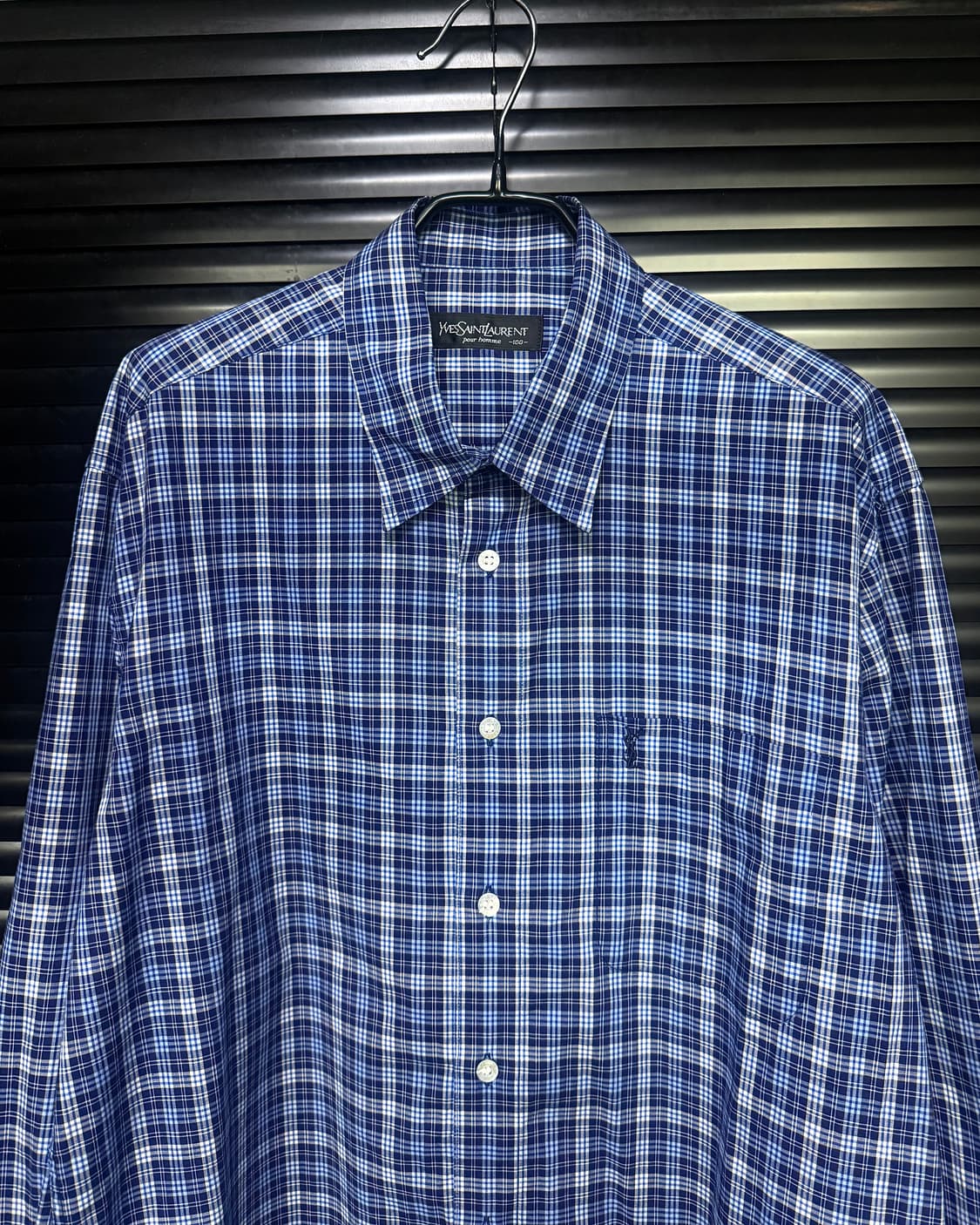 입생로랑 블루 파랑 하늘색 네이비 남색 체크 셔츠 100 L 명품 빈티지 상품이미지2