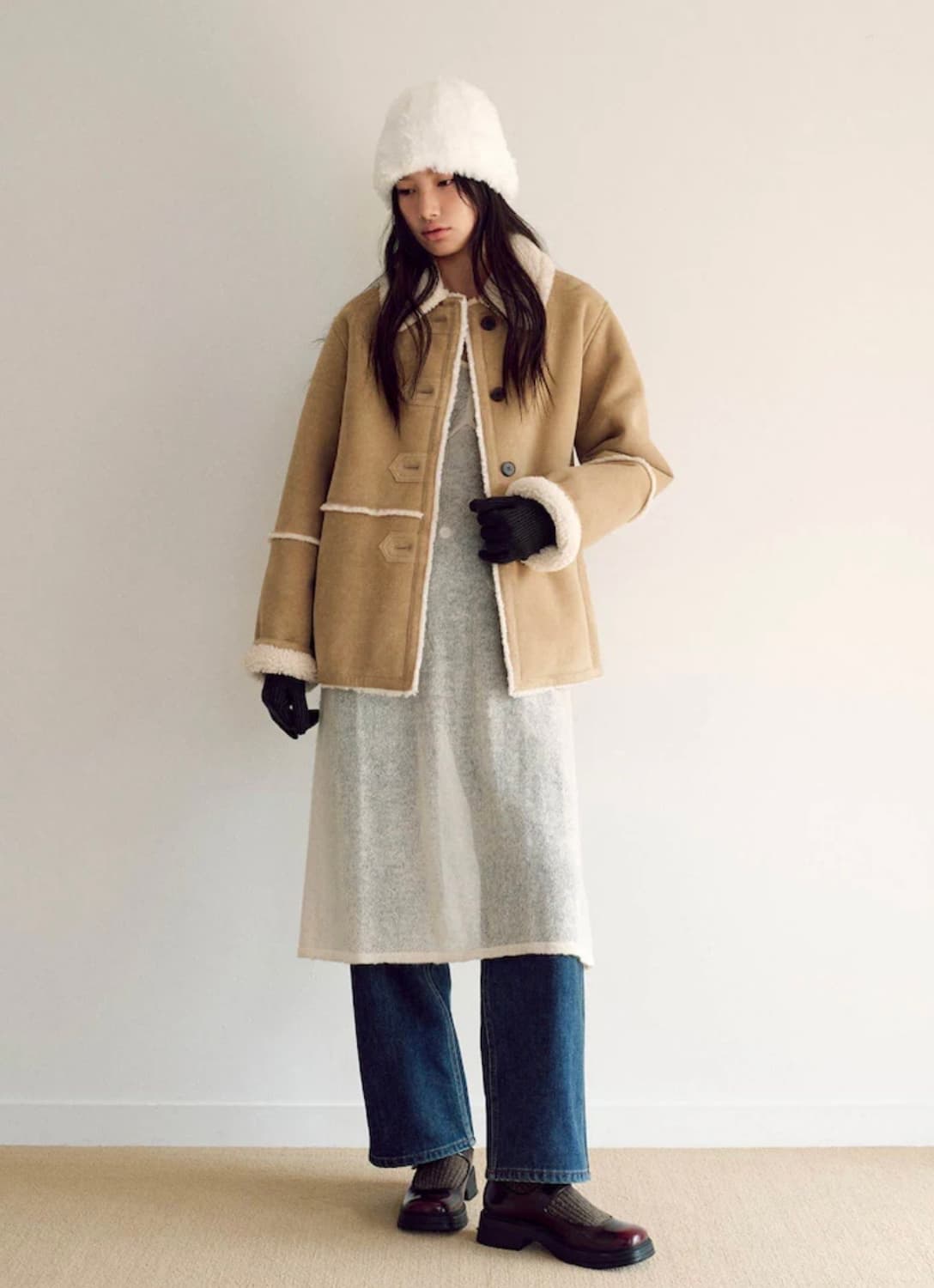 [새상품/택O] 구호플러스 시어링 스웨이드 미디 무스탕자켓 베이지 상품이미지1