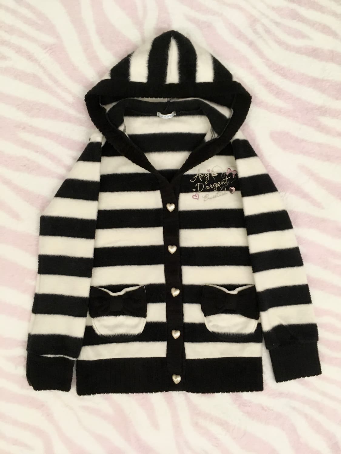 블랙 스트라이프 퍼 후드 가디건 하트쥬얼버튼 리본포켓 갸루 조지후쿠 상품이미지2