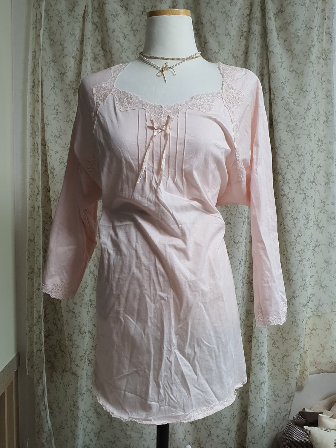 [일본빈티지] 레이스 핑크색 긴팔 셔츠 슬립 상품이미지2