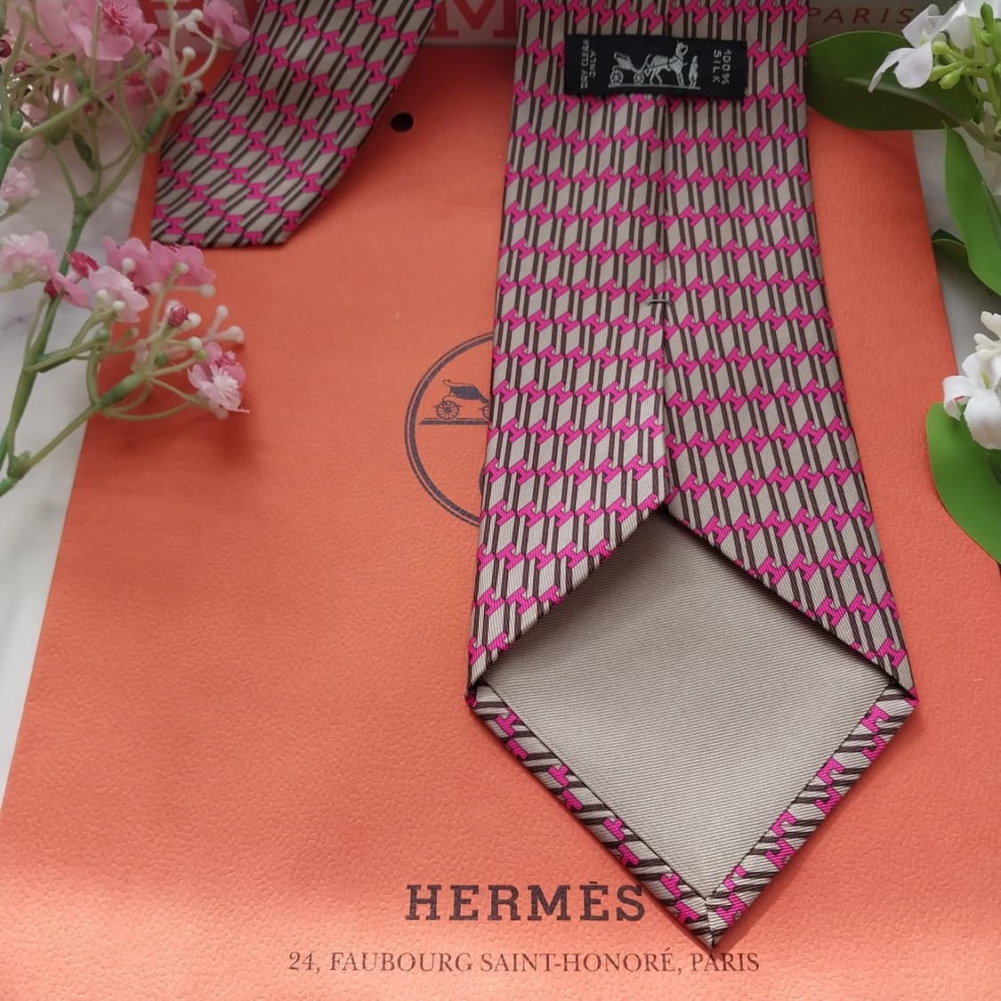 에르메스 실크 베이지&핑크 H 패턴 넥타이 9.5cm A+등급 K1889 상품이미지6