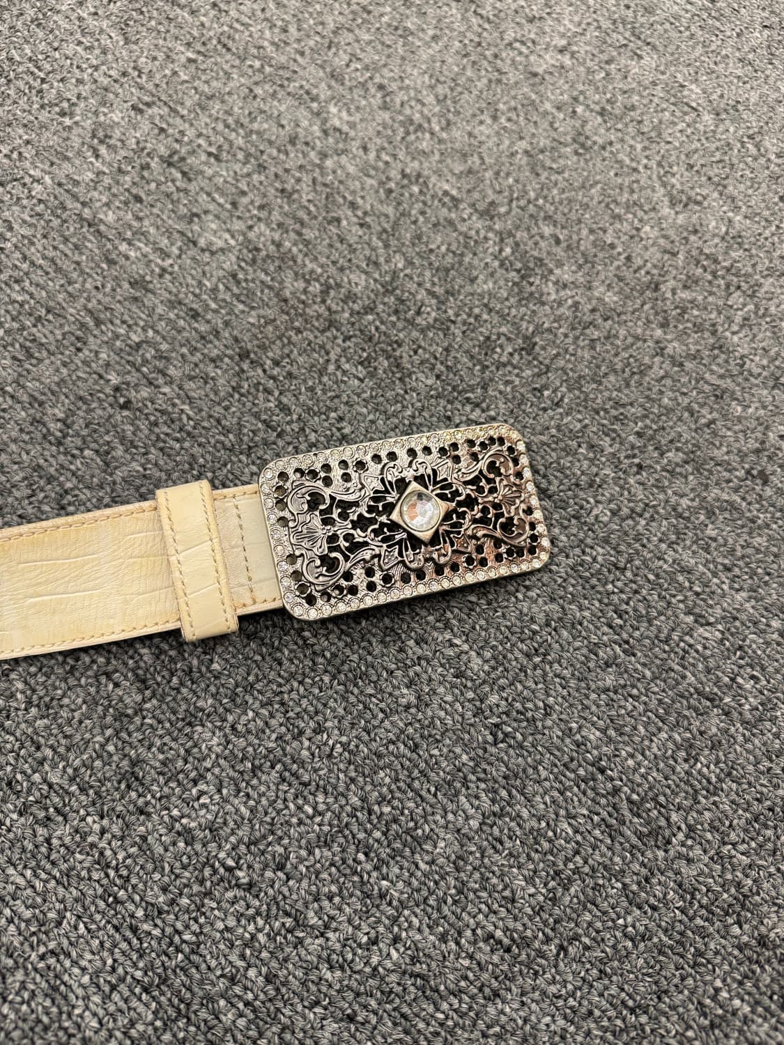 Vintage 버클 악어가죽 패턴 화이트 가죽 벨트 상품이미지2