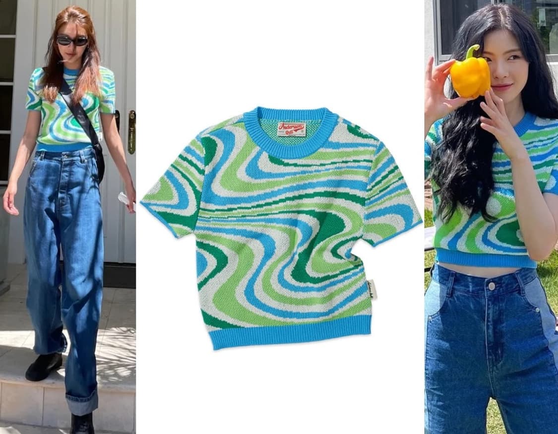 앤더슨벨 패턴 크롭 델라 자카드 반팔 니트 탑 XS 상품이미지3