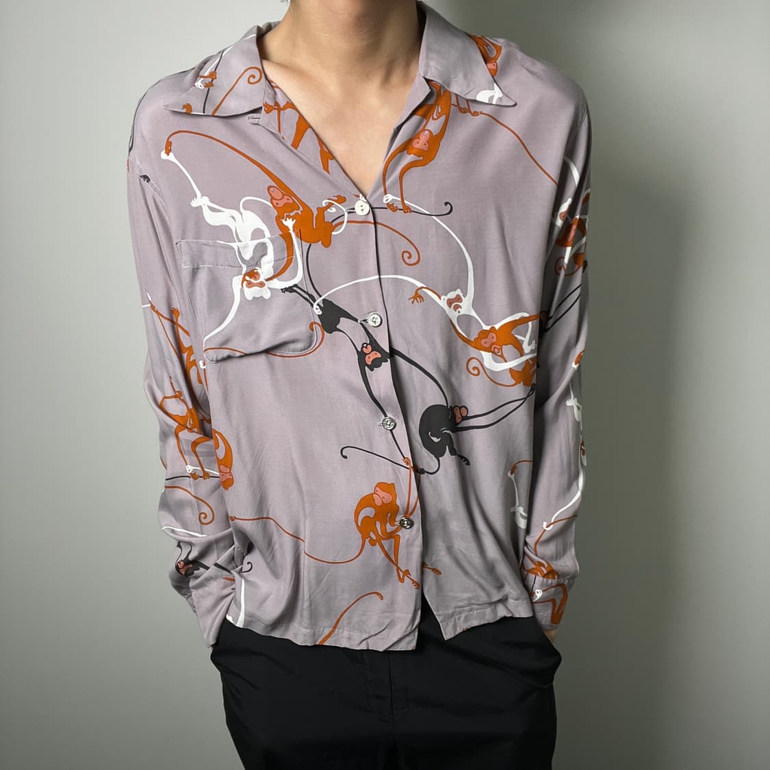 dry bones 드라이 본즈 몽키 패턴 오픈 칼라 셔츠 M 상품이미지1