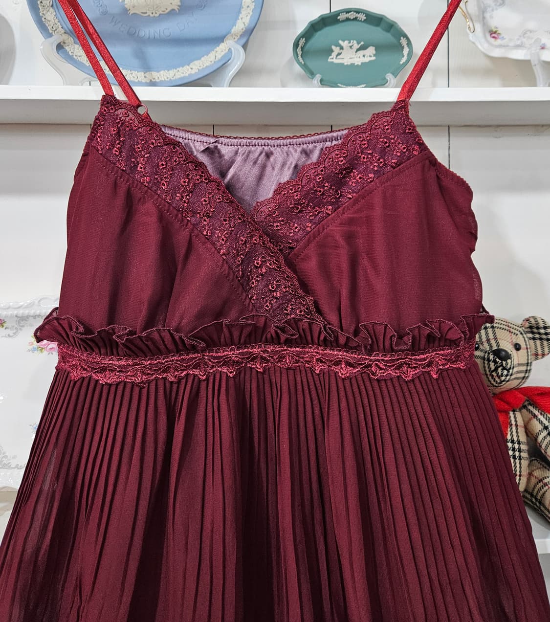 (axes femme) 버건디 레이스 쉬폰 슬리브리스 원피스 상품이미지2