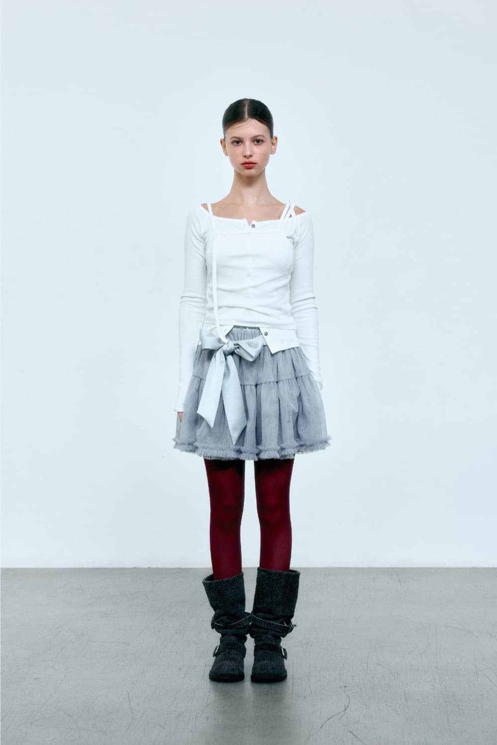 [새상품] 더오유 쉬폰 실키 타이 스커트 그레이 상품이미지9