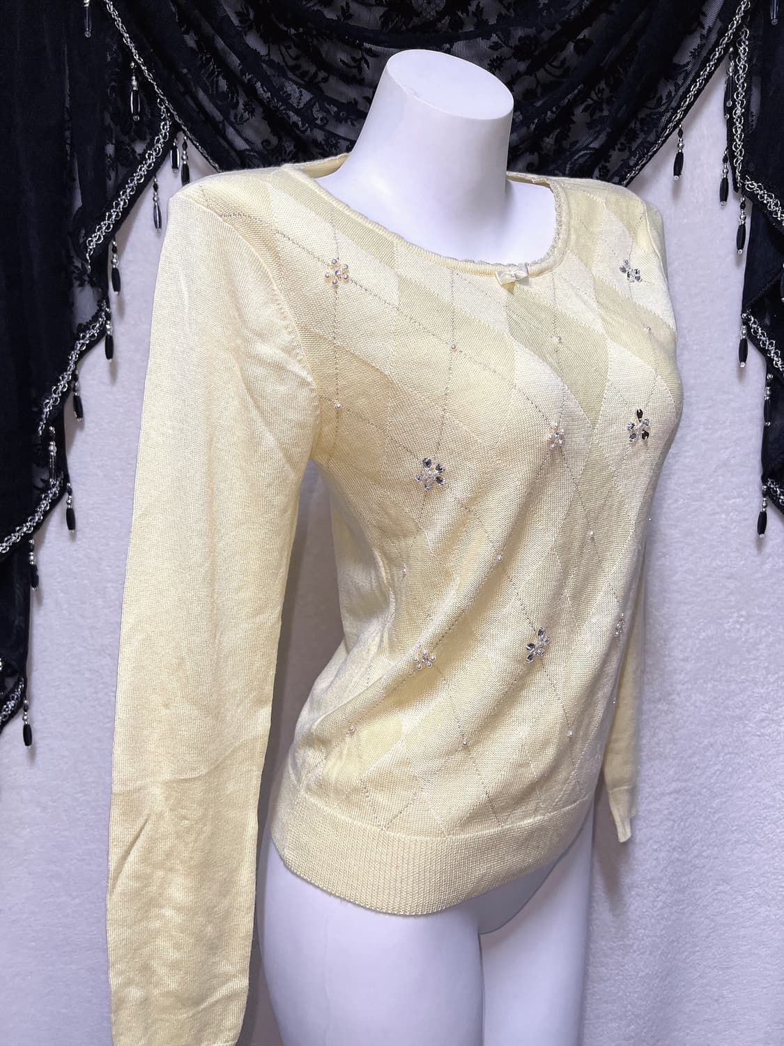 일브 아가일 진주 큐빅 니트 로맨틱갸루 로걀탑 러블리 라떼 핀터 하구미 상품이미지5