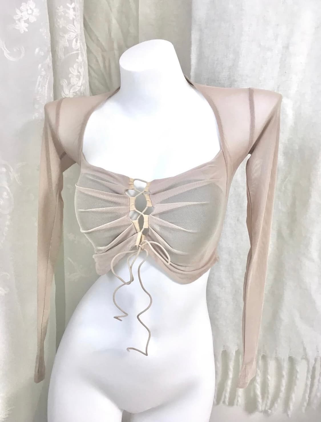 빈티지 베이지 셔링 시스루 크롭 롱슬리브 상품이미지3