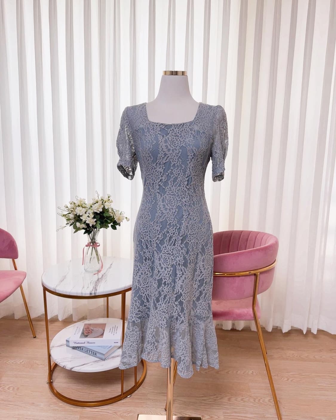 스퀘어넥 머메이드 어깨퍼프 레이스 원피스 상품이미지2