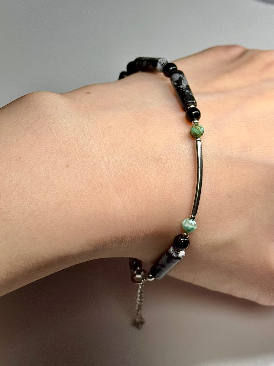 (핸드메이드) 천연석 오닉스 앤 터키석 유니크 체인 원석팔찌 상품이미지2