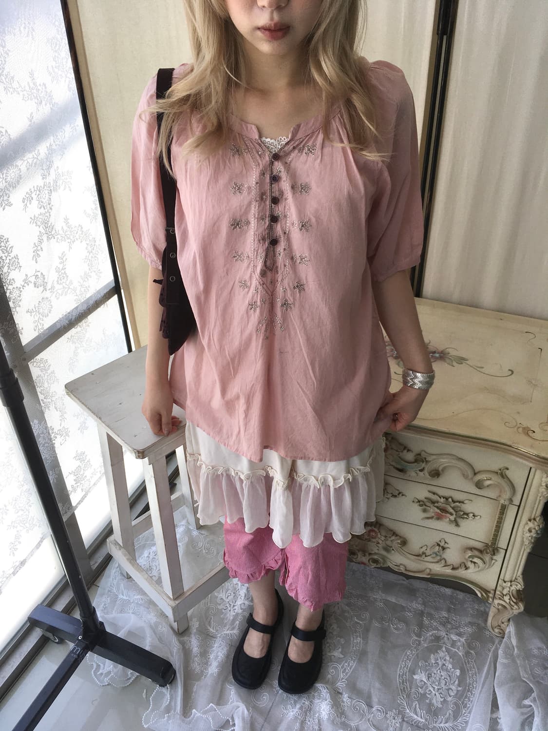 일본빈티지 핑크 자수 모리 블라우스 상품이미지2