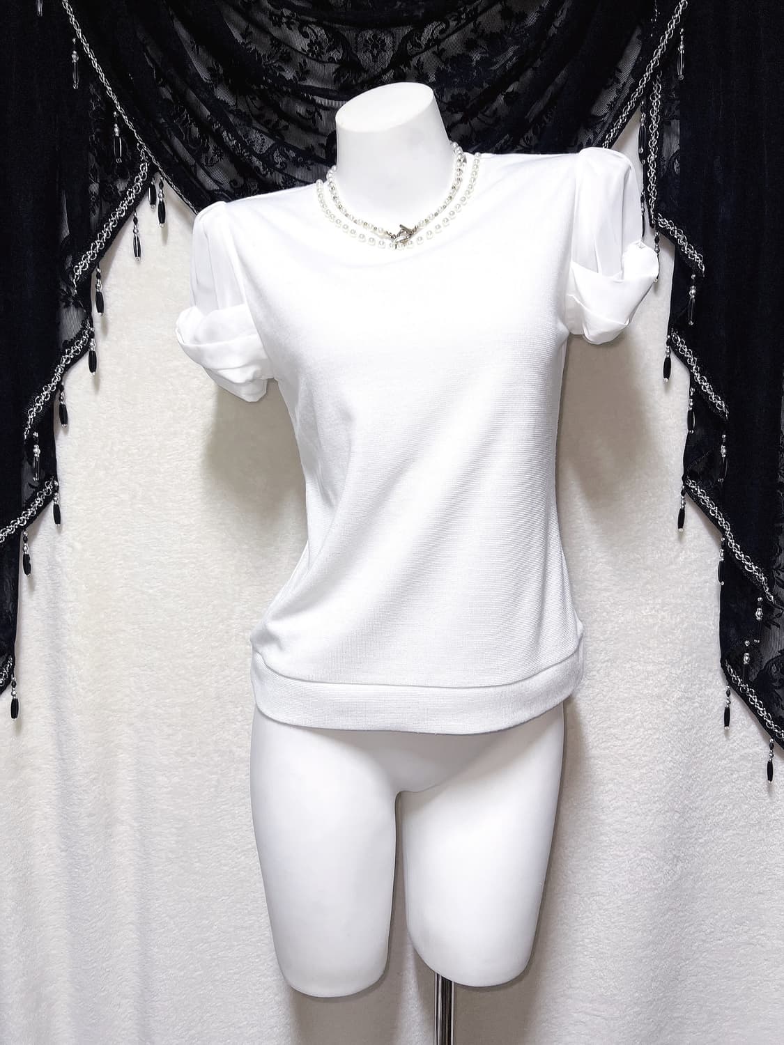 로맨틱갸루 히메 페미닌 진주 화이트 퍼프리본 반팔 로걀탑 핀터 러블리 상품이미지7