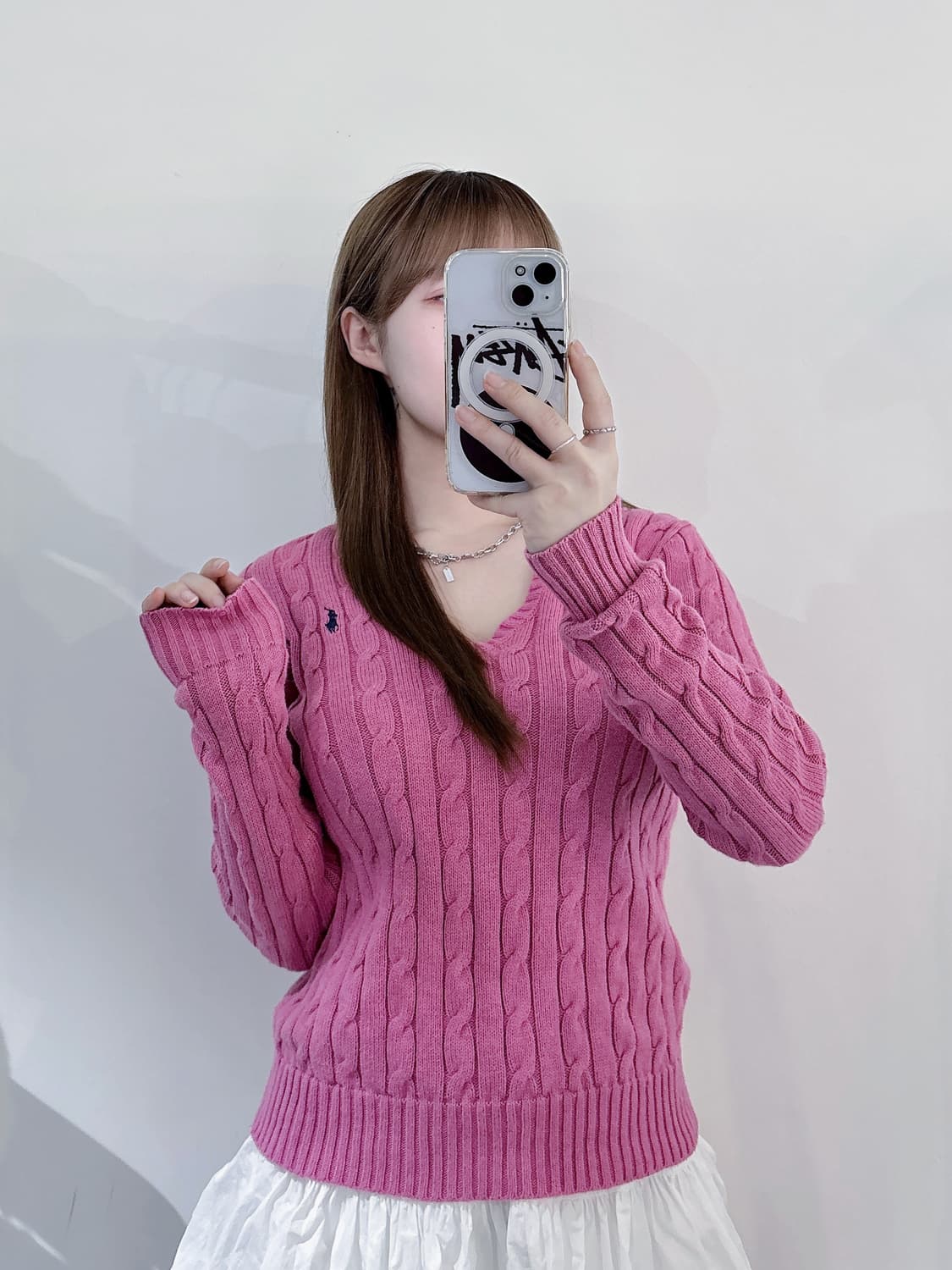 폴로랄프로렌 네이비포니 핑크 브이넥 케이블 니트 상품이미지1