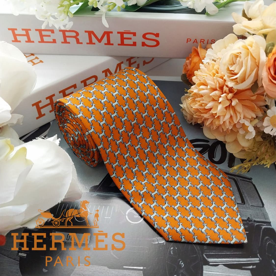 에르메스 실크 오렌지 H 마구간 모티브 넥타이 8cm A+등급 K2118 상품이미지1