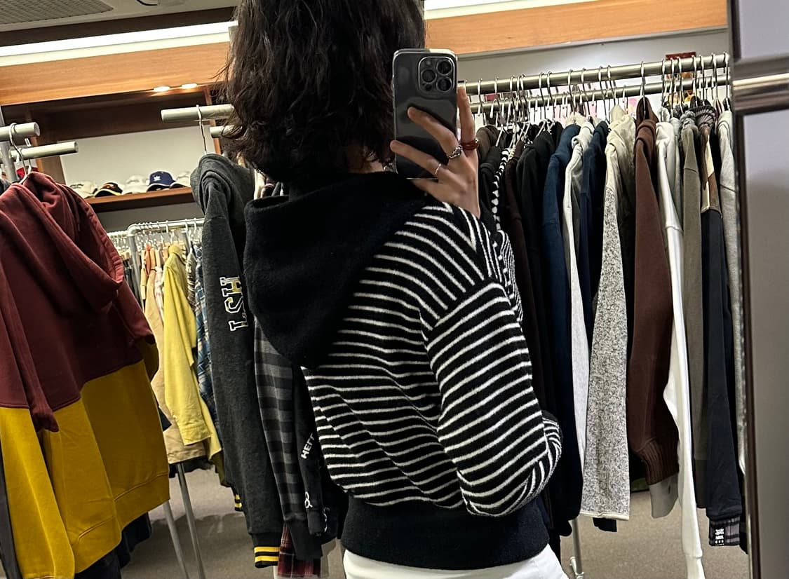 OS)Japanese vintage 여성 크롭 스트라이프 니트 후드집업 상품이미지3