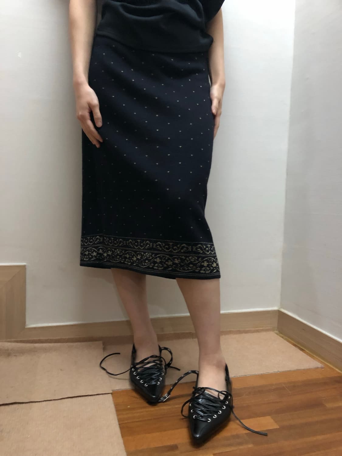 빈티지 블랙 오리엔탈 도트 미디 스커트 상품이미지5