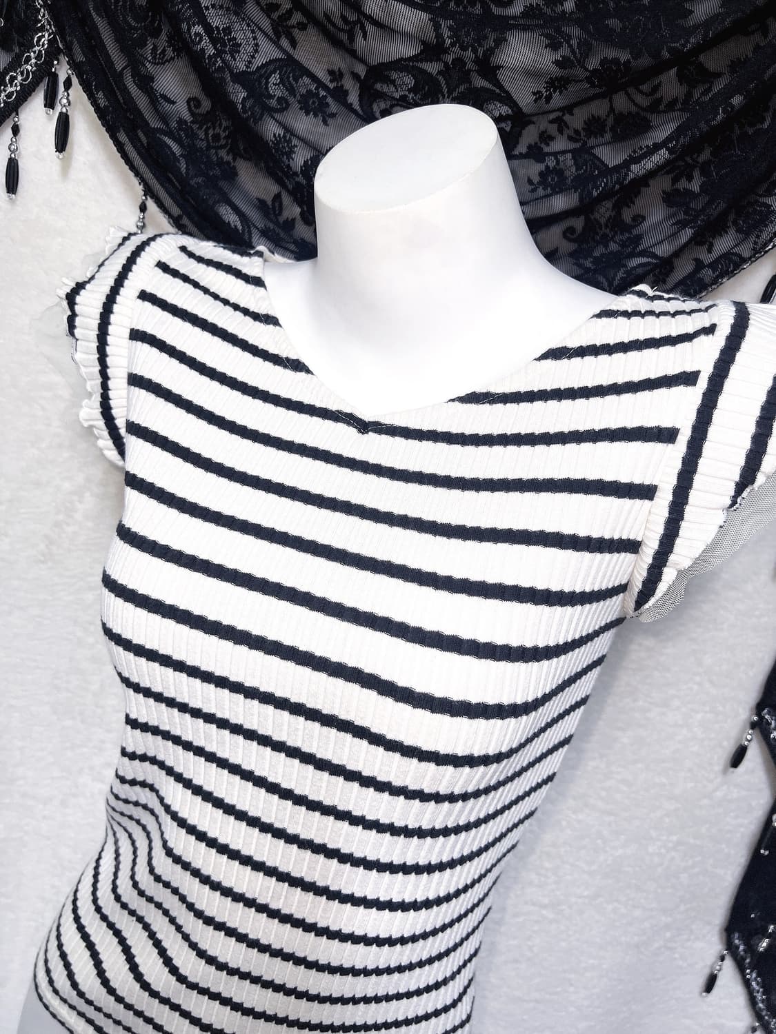 로맨틱갸루 스트라이프 프릴레이스 반팔 로걀탑 베메클 히메 오네 헤이세이 상품이미지5