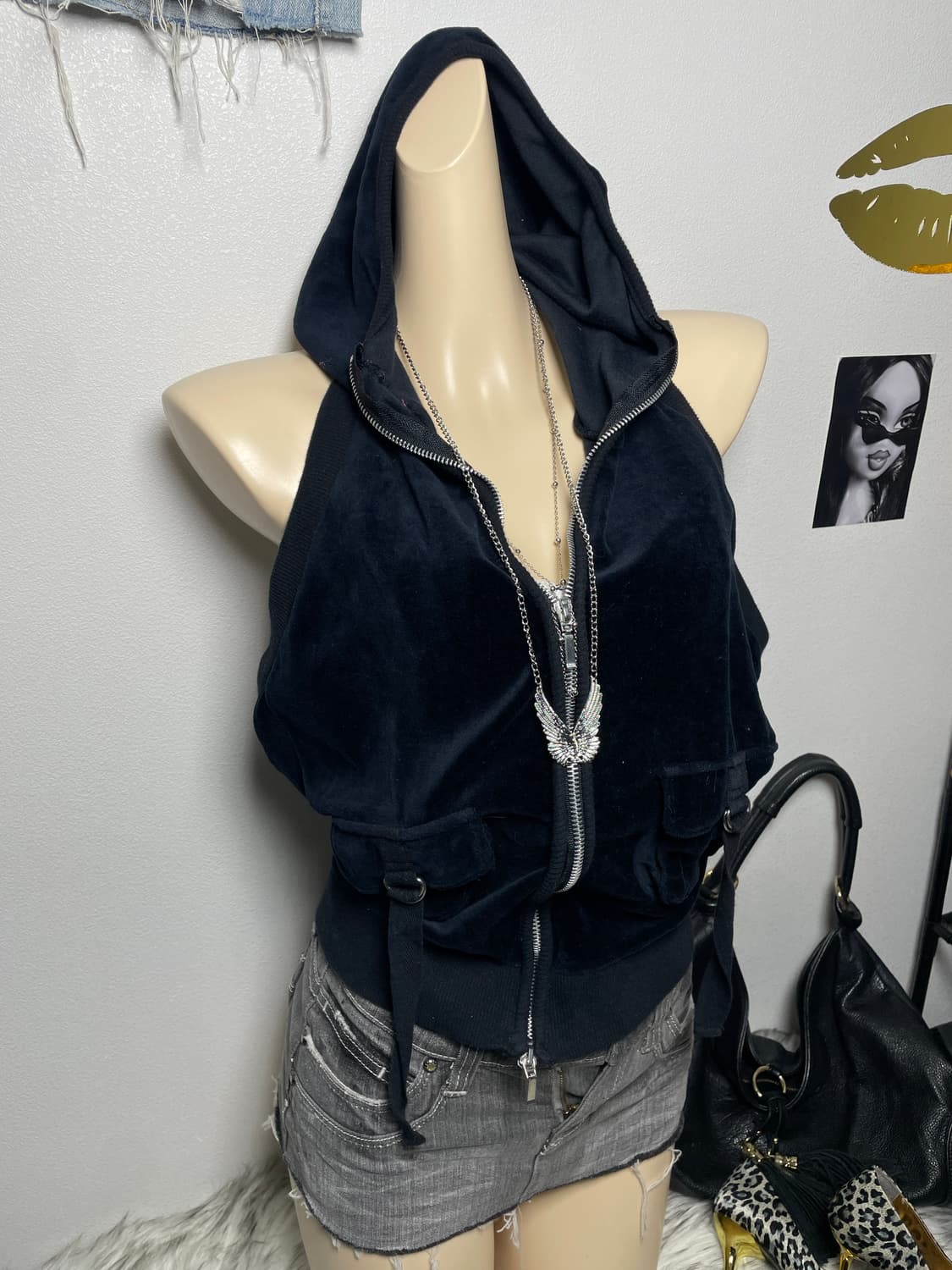 Rose fanfan 블랙 벨벳 나시 후드집업 상품이미지1