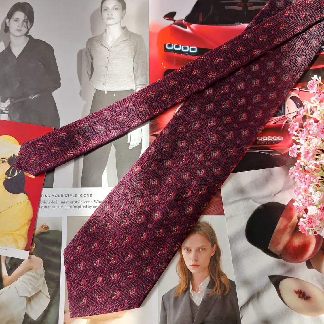 니나리치 실크 버건디 패턴 넥타이 9.7cm A+등급 A19886 상품이미지5